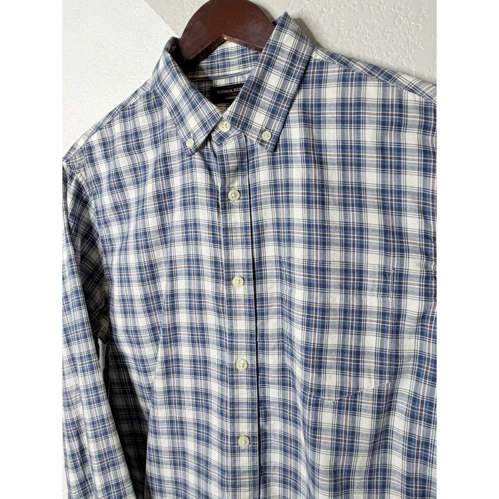 Banana Republic Mens Medium Untucked Shirt Blue Plaid Button Front 100% Cotton